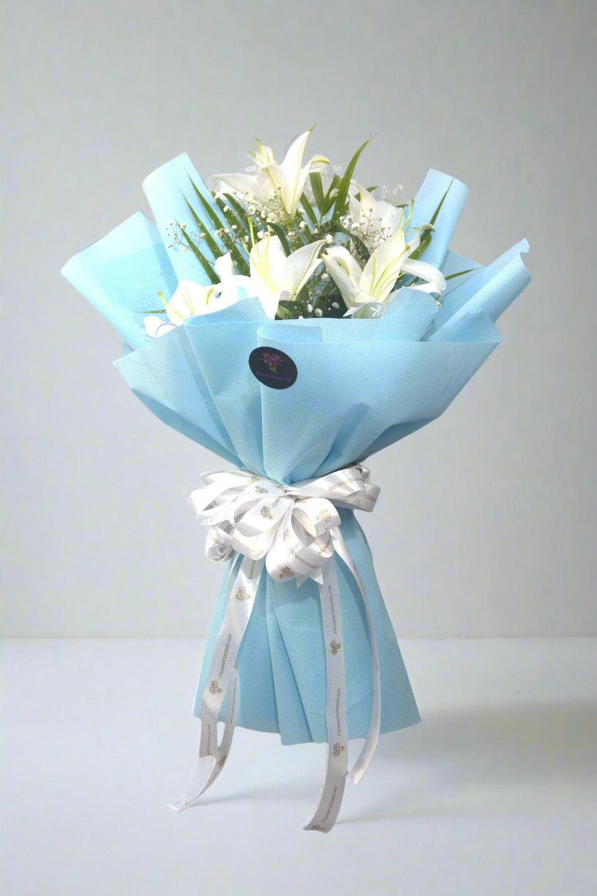 blue roses and white lilies bouquet White Lily Bouquet with Baby's Breath and Palm Leaf in Blue Wrapping –  Flower Street