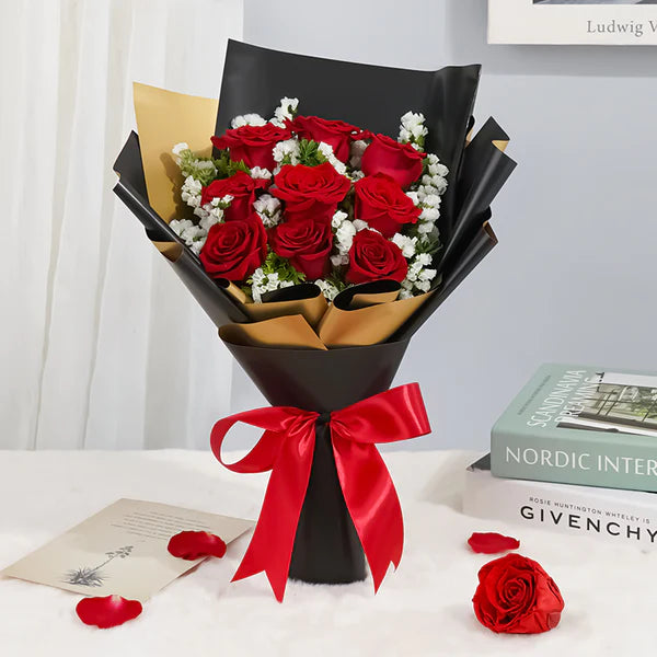 Red Rose Bouquet With Gold And Black Wrapping