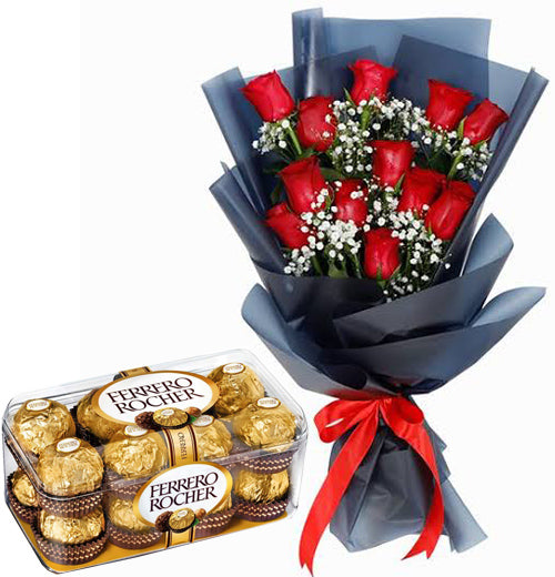 12 Red Roses Bouquet & Ferrero Rocher Box Combo