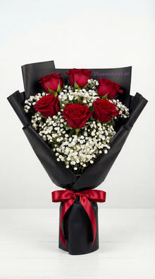 Midnight Love rose bouquet in black wrapping, flower delivery Dubai