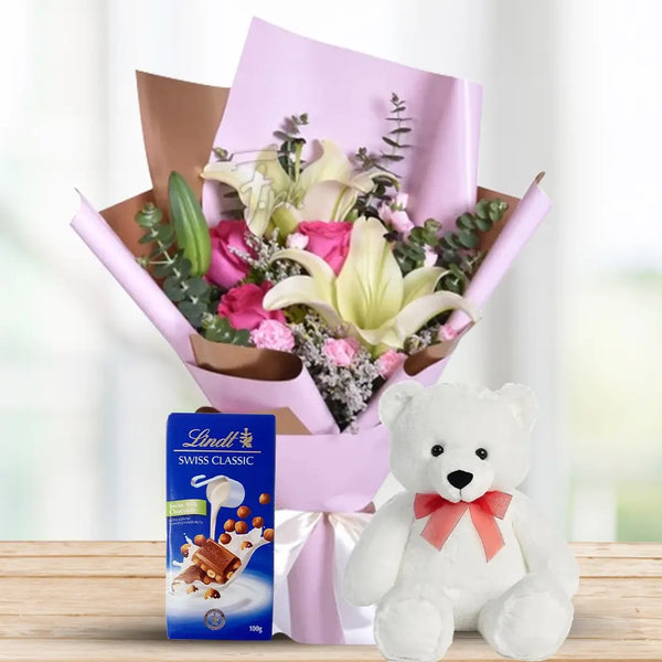 Pink Rose & Lily Bouquet with Lindt & Teddy