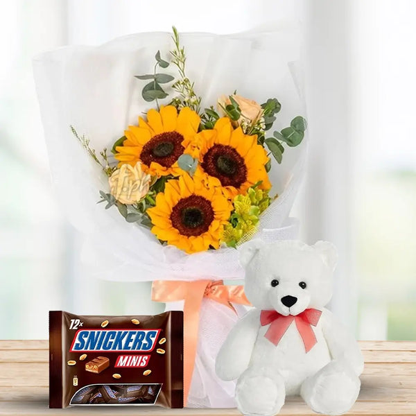 Sunflower & Rose with Snickers & Teddy