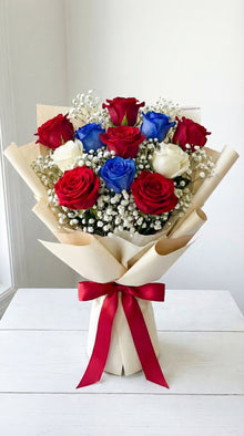 Red, blue and white rose bouquet, unique flowers Dubai