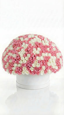 VIP pink and white rose dome box arrangement, luxury flowers Dubai