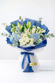 Blue hydrangea and white lily bouquet, flower delivery Dubai
