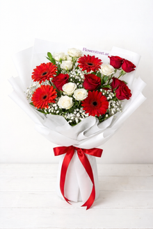 Blush and Ruby Love bouquet with red gerbera and roses, flower delivery Dubai