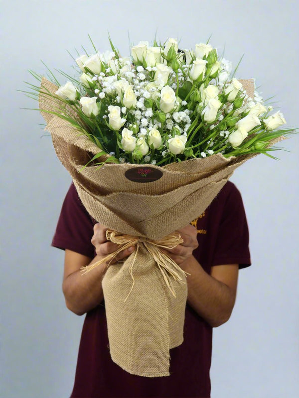 Jute White Spray Rose Bouquet