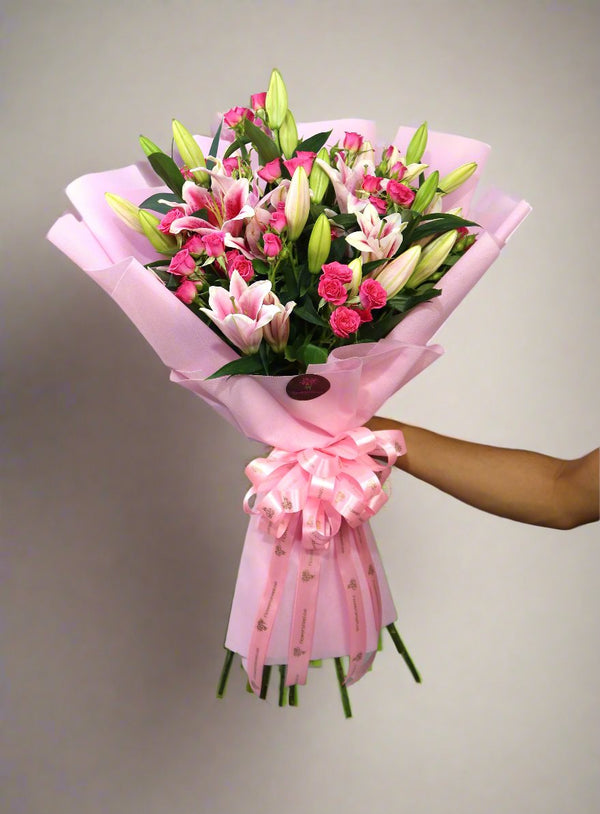 Pink Lily and Dark Pink roses