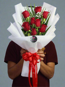 8 red rose bouquet in white wrapping, roses Dubai