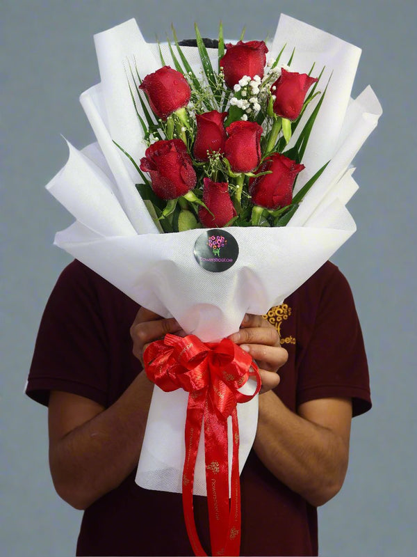 8 Red Rose in White Wrapping