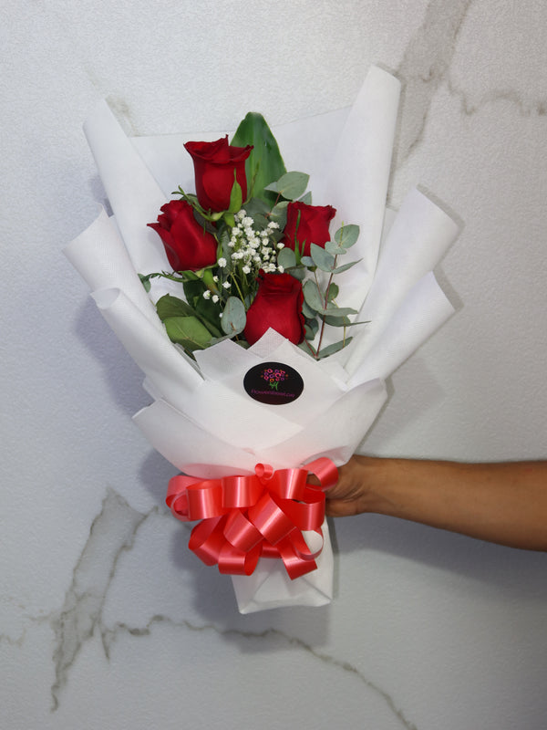 4 Red Roses With Eucalyptus