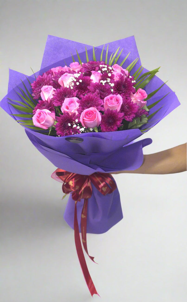 Pink Roses and Purple flowers