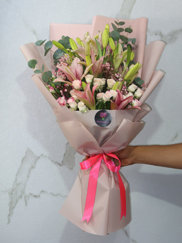 Pink Lily And Double Pink Spray Roses