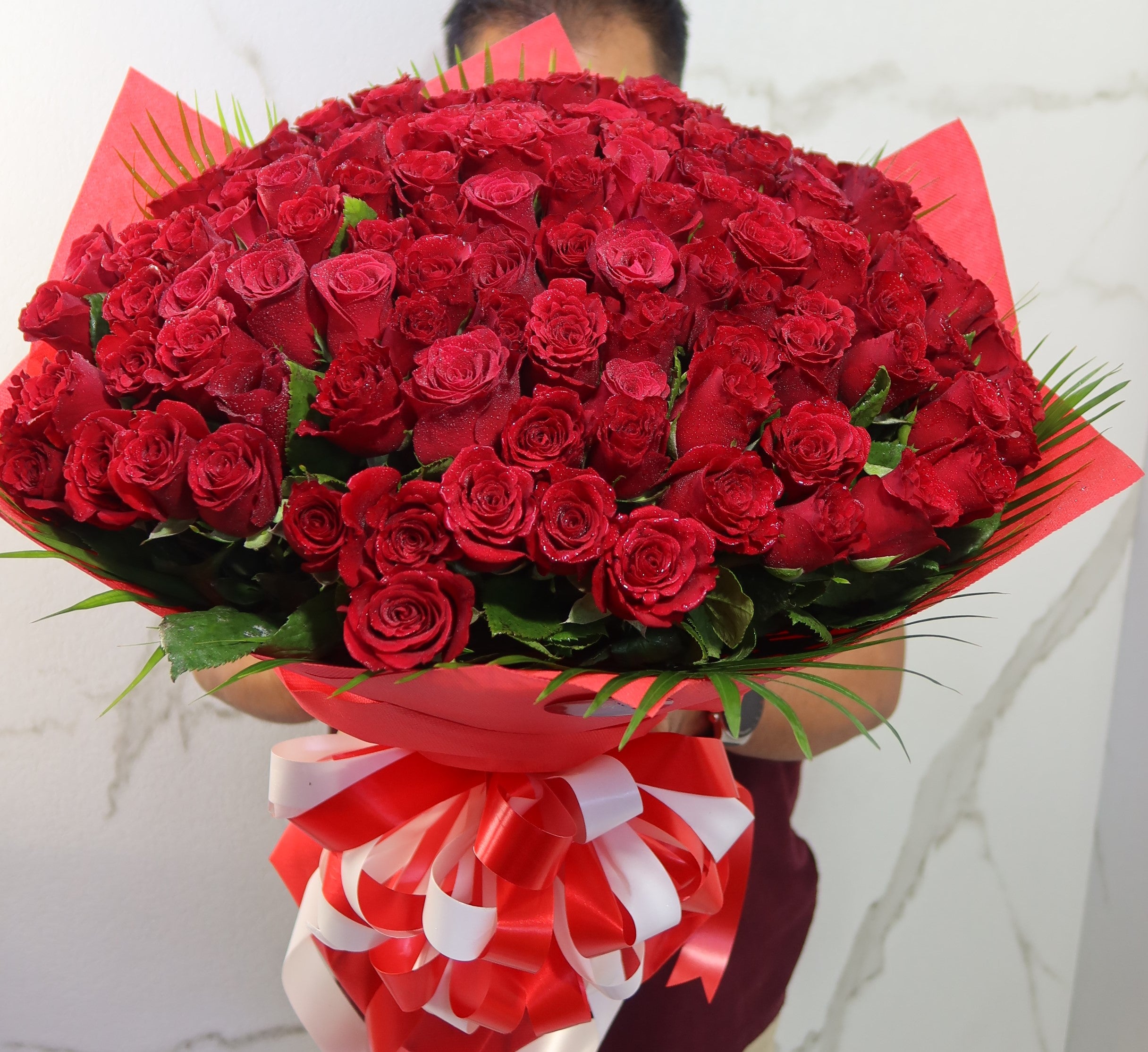 101 Red Roses Bouquet with Elegant Red Wrapping – Flower Street