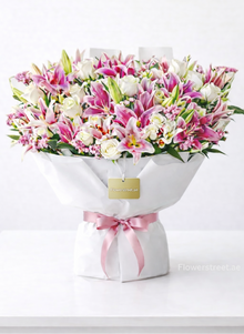 Large signature lily and rose bouquet, pink lily roses Dubai