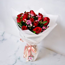 Red rose bouquet with pink wax flowers, roses Dubai