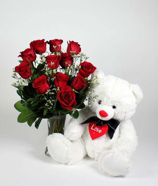 Red Roses In Vase With Teddy