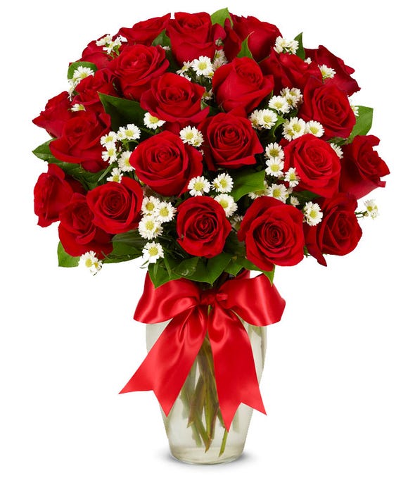 Red roses with Asters In Vase