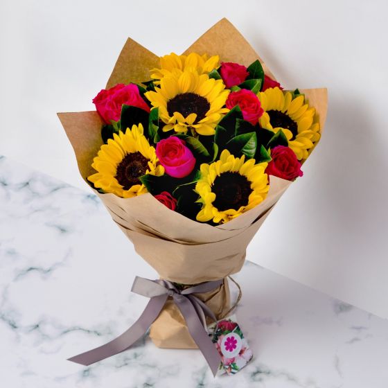 Sunflower And Pink Rose Bouquet