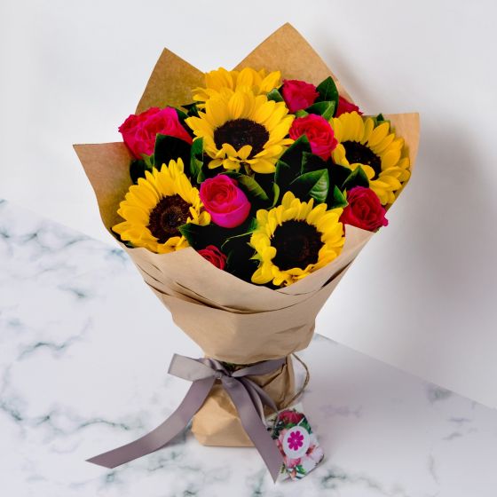 Sunflower And Pink Rose Bouquet