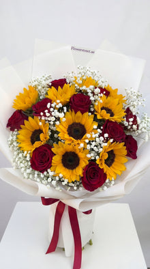 Sunflower Love bouquet with red roses, flower delivery Dubai