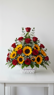 Sunflower and red rose basket, flower delivery Dubai