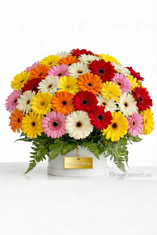 VIP mixed gerbera box arrangement, luxury flowers Dubai
