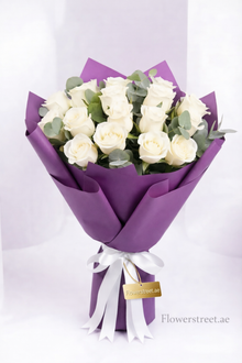 White roses and eucalyptus bouquet, flower delivery Dubai