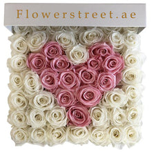 White and pink roses heart shape in box, luxury flowers Dubai