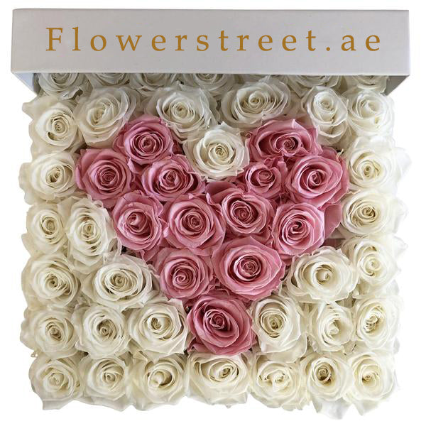White and Pink Roses Heart In Box
