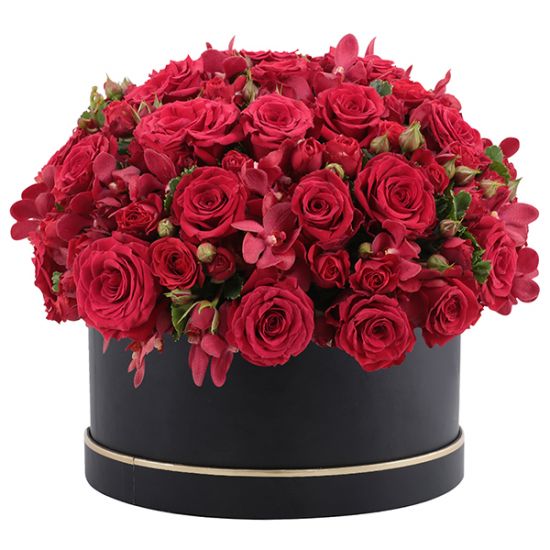 Premium Red, Dark Pink and Orange Roses with Black Round Box – Flower ...