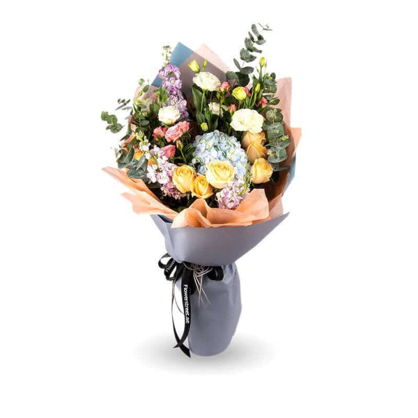 Colourful Dreams - Peach Rose, White Lisianthus and Blue Hydrangea